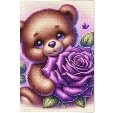 Imagem de Quebra-cabeça de flor de urso de pelúcia violeta 500 peças para adultos presentes para a família quebra-cabeça arte principal quebra-cabeça personalizado brinquedo de arte para a família, 52 cm x 37,8