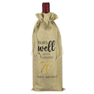 Imagem de PATIKIL Saco de garrafa de vinho para presente de aniversário de 70 anos de 15 x 35 cm, 1 pacote reutilizável para decoração de vinho com cordão para festas de chá de amigos, bege