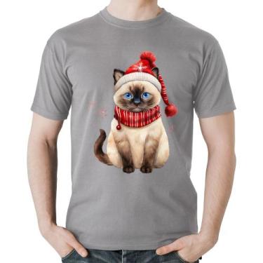 Imagem de Camiseta Algodão Gato Natalino Gorro e Cachecol - Foca na Moda, Cinza,