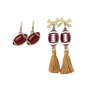 Imagem de ONLYJUMP Conjunto de brincos de futebol de liga para mulheres, multicoloridos, joias para fãs de esportes, argola, laço, borla, brincos com pingente temático de rúgbi, acessórios para o dia do jogo
