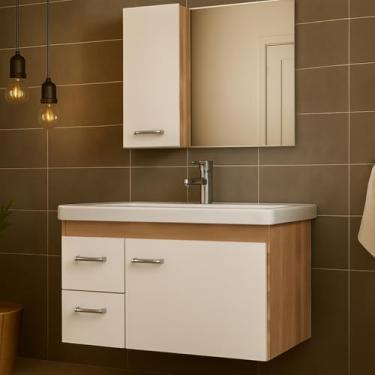 Imagem de Kit Gabinete de Banheiro 73cm – Com Cuba e Espelho, Armário Quality Organizador para Higiene e Cosméticos Doméstico (Freijó/Branco)