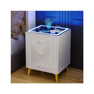Imagem de Mesa de cabeceira com estação de carregamento, sensor automático, 3 cores, LED regulável, gaveta de cabeceira, armário de cabeceira (1)