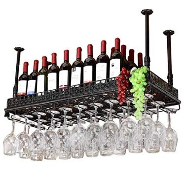 Imagem de Suporte de rack de taça de champanhe de vinho preto de metal, suporte de garrafa de vinho de teto para entusiastas de vinho (altura ajustável)/60 * 35 cm