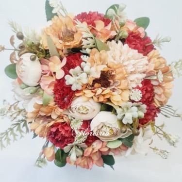 Imagem de Buquê de Noiva Artificial com Flores Coloridas para Casamento Civil ou Religioso(Rose/Vermelho/Seco)