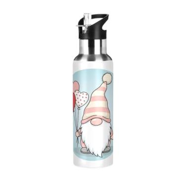 Imagem de Wassud Garrafa de água esportiva de aço inoxidável gnomo de dia dos namorados com canudo garrafa de água térmica copo portátil de viagem 623 g