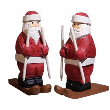 Imagem de Conjunto de enfeites de Natal de madeira esculpida à mão, decorações de férias nórdicas, boneco de neve, Papai Noel, árvore e maçã vermelha, decoração de mesa de madeira rústica, leve e durável (nº 2)