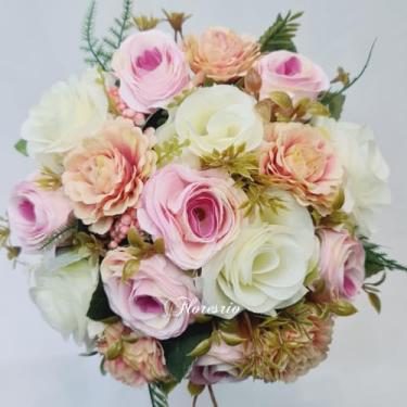 Imagem de Buquê de Noiva Artificial com Flores Coloridas para Casamento Civil ou Religioso(Branco/Cravo rosa/Rosa)