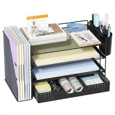 Imagem de ECOLOVI Organizador de mesa, bandeja organizadora de papel de 4 camadas com suporte de arquivo, gaveta e 2 porta-canetas, organizador de arquivos de mesa para material de escritório, armazenamento de