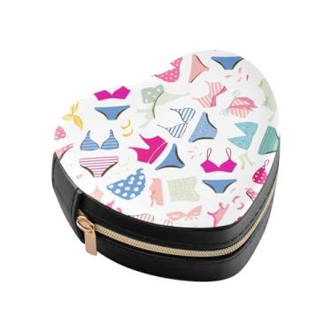 Imagem de Burbuja Caixa de joias em forma de coração com padrão de traje de banho mini estojo de joias de viagem para mulheres e meninas, estojo portátil organizador de armazenamento para brincos, anéis