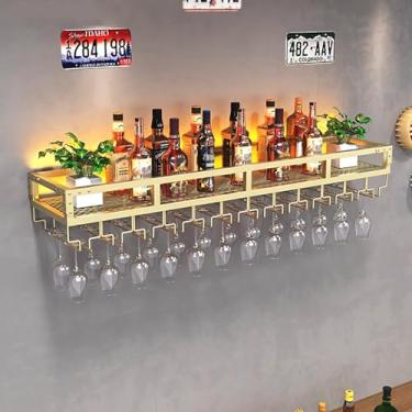 Imagem de Rack de vinho montado na parede com suporte de vidro, suporte de garrafa de metal, prateleiras flutuantes de unidade de bar com luz LED, suporte de vinho de ferro, rack de exibição multifuncional de