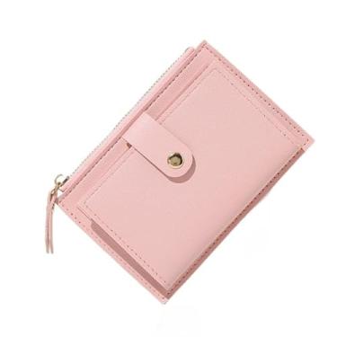 Imagem de Carteira feminina fina com bolso com zíper – 6 compartimentos para cartão, bolsa de poliuretano leve, 55 g, 13,5 x 9,5 cm (cinza, azul, preto, rosa, vermelho, roxo, cáqui, sálvia), rosa, Clássico
