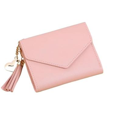 Imagem de Carteira curta feminina com pingente em forma de coração de borla - 4 compartimentos para cartões, 1 compartimento para foto, poliuretano leve de 70 g, 11,5 x 9 cm (cinza/verde/preto/rosa/vermelho