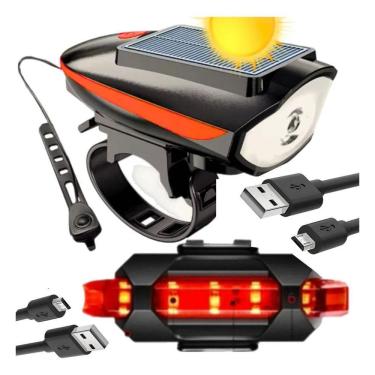 Imagem de Lanterna Farol Solar Bike Buzina Led Traseiro Ciclis Laranja