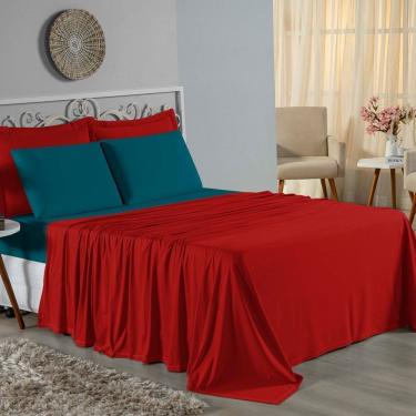 Imagem de Jogo De Cama King Nobre 4 Peças Lençol Com Elástico De 30cm De Altura Malha 100% Algodão - Vermelho / Petróleo