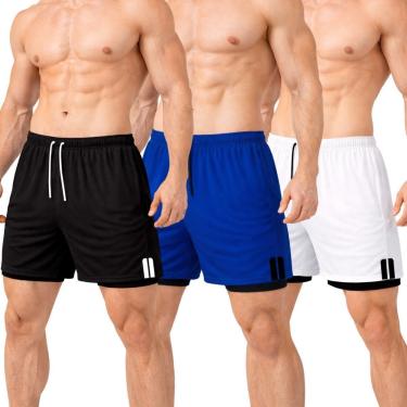 Imagem de Kit 3 Short Treino Térmico 2 em 1 com Bolso Porta-Toalha Calção Fitness Academia-Masculino