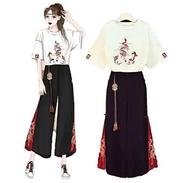 Imagem de Rock88 Conjunto de camiseta estilo chinês + calça Kung Fu de perna larga feminina casual de verão estilo praia roupas respiráveis, branca, 1