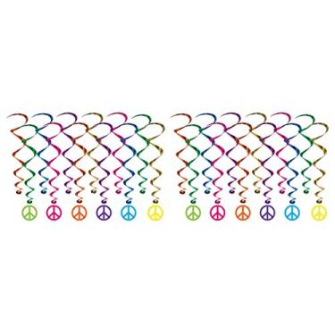 Imagem de Beistle 24 peças de espirais para pendurar com tema dos anos 60, decoração retrô com símbolo da paz Love Happiness Groovy, artigos de festa de aniversário, 44,5 cm - 81,2 cm, multicolorido