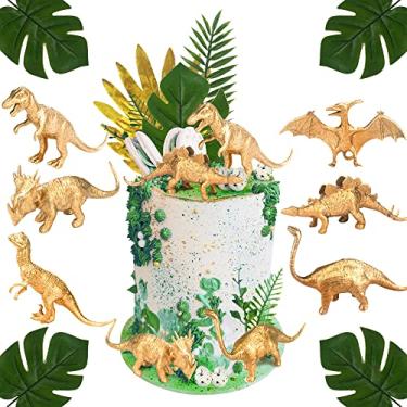 Imagem de 16 peças de decoração de bolo de dinossauro dourado metálico com tema de dinossauro, topo de bolo com folhas de palmeira artificiais, ovos de dinossauro para crianças, meninos e meninas, chá de bebê, artigos de festa de aniversário