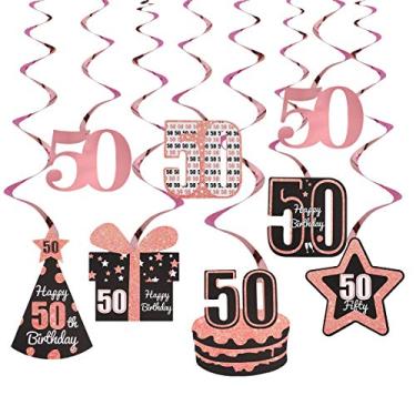 Imagem de Excelloon ouro rosa 50 aniversário decorações para mulheres - 8 peças de alumínio 50 espirais para pendurar - Feliz 50 aniversário bolo chapéu presentes presentes decoração de festa estrela suprimentos