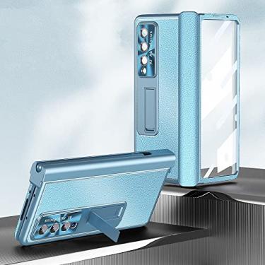 Imagem de Capa de filme de vidro de cobertura completa fashion para Samsung Galaxy Z Fold 4 Fold3 Fold4 Fold 3 Zfold4 S Pen Holder Capas de couro, azul, para Samsung Z Fold 3