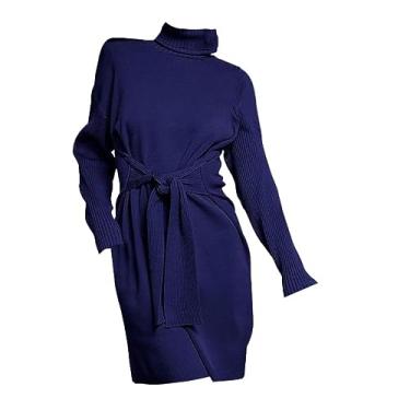 Imagem de Vestido feminino de gola redonda manga longa cor sólida meia gola rolê tricotado vestido longo casual, Azul, M