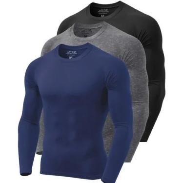 Imagem de Kit 3 Camisetas Masculinas Segunda Pele Térmica Proteção Solar Uv 50+ Manga Longa Dry Fit (G, Azul Marinho/Chumbo/Preto)