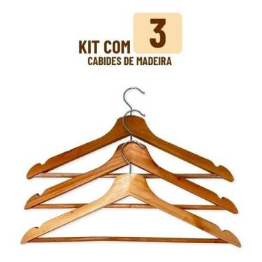 Imagem de Kit 3 Cabides Madeira Marfim Verniz Adulto Barra Blusa Calça - Wincy