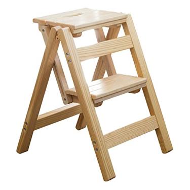 Imagem de Banqueta de madeira com 2 degraus - Escada dobrável resistente de madeira maciça de pinho? Banqueta para cozinha - Capacidade de 330 lb (B) brilliant