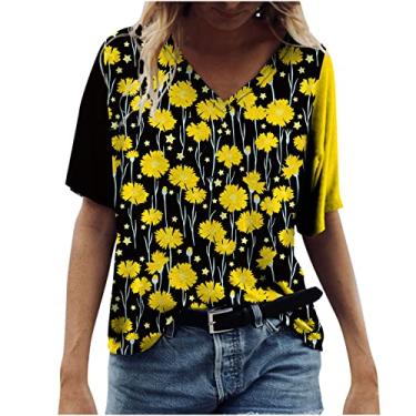 Imagem de Camisetas femininas outono verão manga curta gola V margarida gráfico floral ajuste solto blusas femininas 2024, F-59 Amarelo Mostarda, XXG