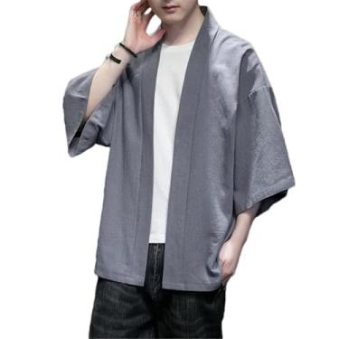 Imagem de BoShiNuo Jaqueta masculina quimono cardigã leve casual mistura de algodão linho sete mangas frente aberta casaco exterior, Cinza, G
