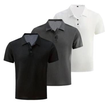 Imagem de 3 peças/conjunto de malha confortável camisa masculina elástica manga curta lapela golfe camiseta verão ao ar livre, presente para homens, Preto + cinza escuro + branco, G