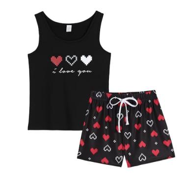 Imagem de YIJIU Conjunto de pijama feminino bonito sem mangas regata e shorts conjunto de pijama de 2 peças, Coração preto, G