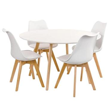 Imagem de Loft7, KIT - Mesa de jantar redonda branco 120 cm + 4 cadeiras estofadas Leda Branco