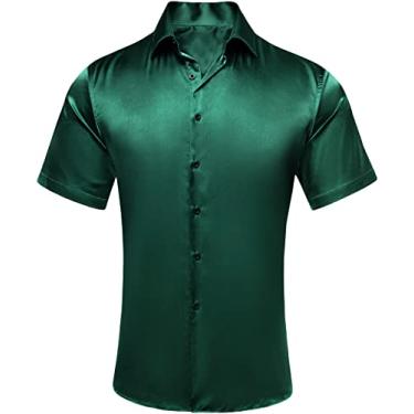 Imagem de Hi-Tie Camisa social masculina de manga curta com botão casual hip Paisley para festa de verão na praia, Cetim elástico verde escuro, XXG