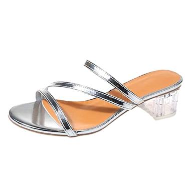 Imagem de Sandálias femininas verão novo padrão moderno cor pura simples transparente salto quadrado casual sandálias tamanco para mulheres tamanho 5, Prata, 8.5 3X-Narrow