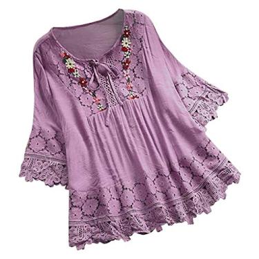 Imagem de Camisas de linho femininas de verão soltas de renda com emenda e gola redonda na frente e manga 3/4, Ofertas relâmpago roxo, 4G