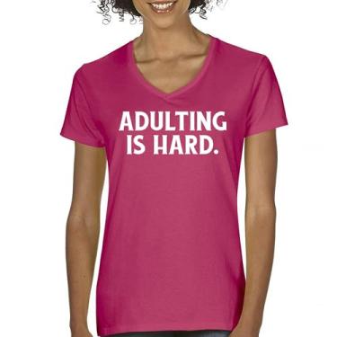 Imagem de Adulting is Hard Camiseta feminina gola V divertida vida adulta não recomende humor responsabilidade parental 18º aniversário camiseta, Rosa choque, G