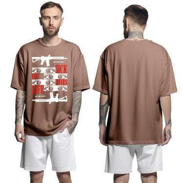 Imagem de Camisa Camiseta Oversized Streetwear Genuine Grit Masculina Larga 100% Algodão 30.1 Sick Of This Life - Marrom - M
