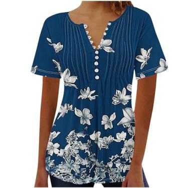 Imagem de MaMiDay Túnica plissada para mulheres, gola V, blusas casuais e elegantes, blusas soltas, estampa floral, 2024, A03# azul-marinho, M