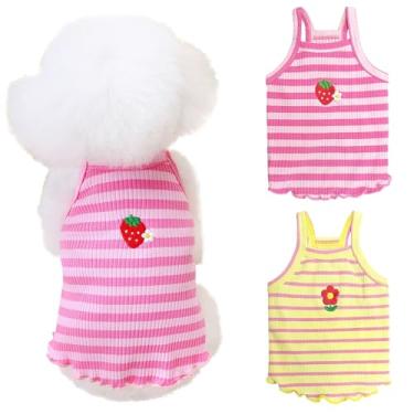 Imagem de Yaopelky 2 peças de roupas de verão para cães pequenos e médios camisa listrada linda flor morango bordado colete roupa de animal de estimação para chihuahua yorkie Teddy (rosa, grande)