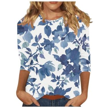 Imagem de MaMiDay Camisetas femininas estampadas 2024, manga 3/4, casual, solta, gola redonda, floral, boêmio, blusas elegantes, A01# azul-marinho, P