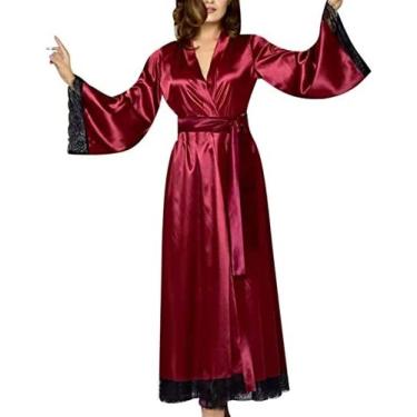Imagem de Robe feminino cetim de seda manga comprida kimono robe roupão moda cor sólida para pijamas femininos, vermelho, m
