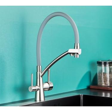 Imagem de Torneira da pia da cozinha filtro de água pura misturador guindaste dupla alças purificação cozinha e torneira fria, mangueira cinza escovado a