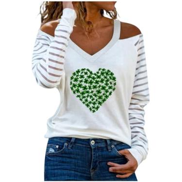 Imagem de Nagub Camiseta feminina St Patricks Day, manga comprida, gola V, trevo irlandês, ombro de fora, algodão, plus size, moda 2024, Amor, XXG