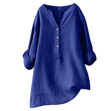 Imagem de Tops de verão para mulheres 2024 camisas de linho para mulheres plus size manga 3/4 comprimento casual solto camisetas gola redonda, Ofertas Relâmpago Azul, XXG