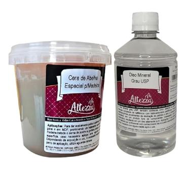 Imagem de Kit Cera Para Madeira de Abelha 350g + Óleo Mineral Grau USP 500ml Para Tábua de Carne, Tábua de Corte, Madeiras em Geral, Móveis, Gamelas, Utensílios de Madeira, Atóxico, Brilho e Proteção - Altezza