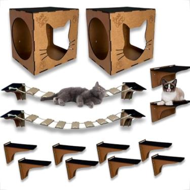 Imagem de Kit Playground Brinquedo Para Gatos Fixo de Parede 14 Pçs Em Mdf Cru