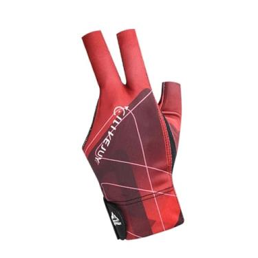 Imagem de UGPLM Luva de bilhar de 3 dedos Luva de taco de sinuca Luva de bilhar portátil ajustável para mão esquerda Luva esportiva de taco de sinuca para jogos, Preto Vermelho