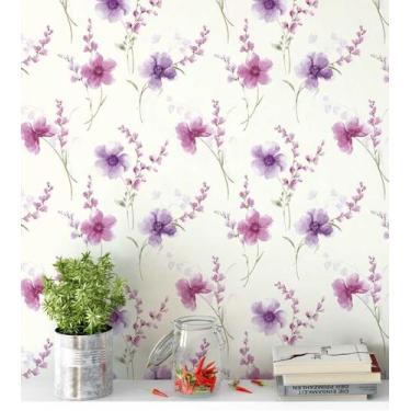 Imagem de Papel De Parede Floral Com Ramos Em Rosa E Roxo - PAPEL E PAREDE ADESI