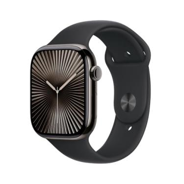 Imagem de Apple Watch Series 10 GPS + Cellular • Caixa ardósia de titânio – 46 mm • Pulseira esportiva preta – M/G